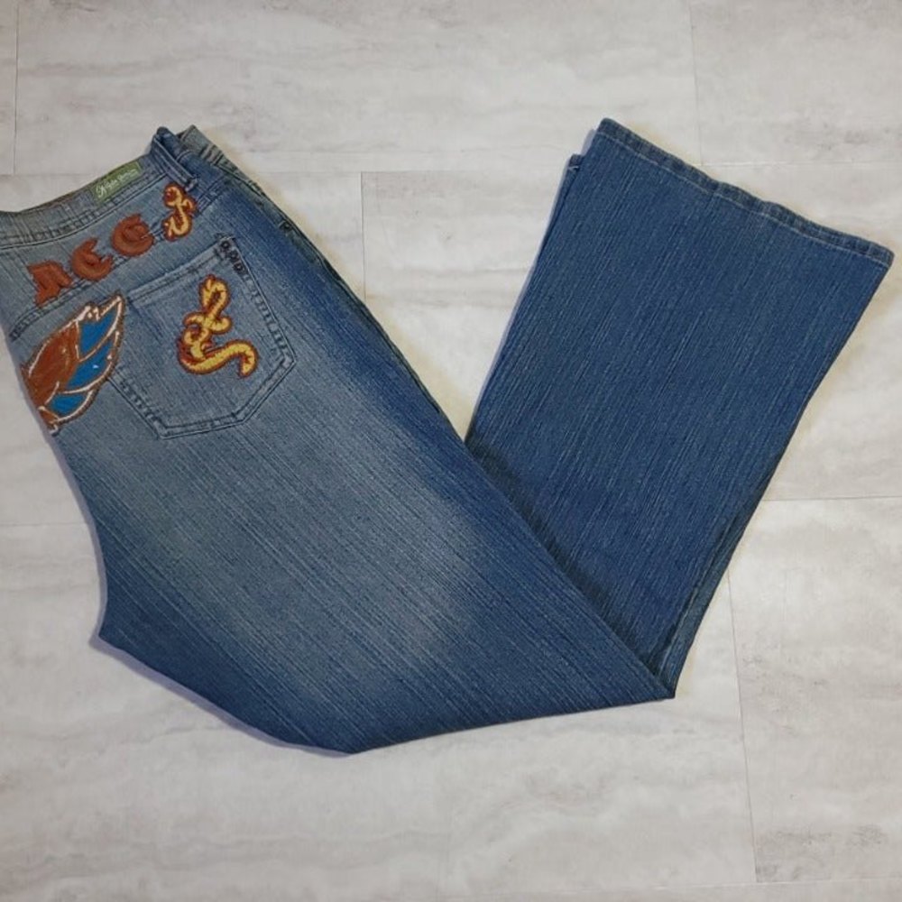 Vintage Women's Neeso Denim Embroidered Graphic Blue Boot Cut Jeans Size 14